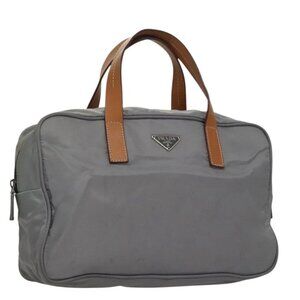 PRADA Hand Bag Nylon Leather Gray Brown Silver Auth 110687